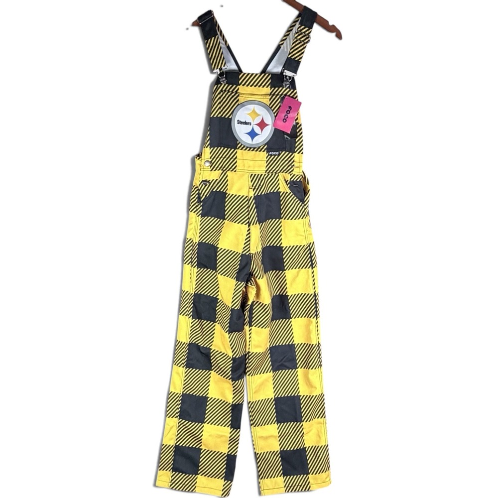 FOCO NFL Pittsburgh Steelers Yellow Black Plaid Bib Overalls Extra Small NEW